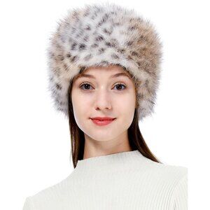 Women's Khaki Leopard Winter Faux Fur Cossak Russian Style Hat Warm Cap